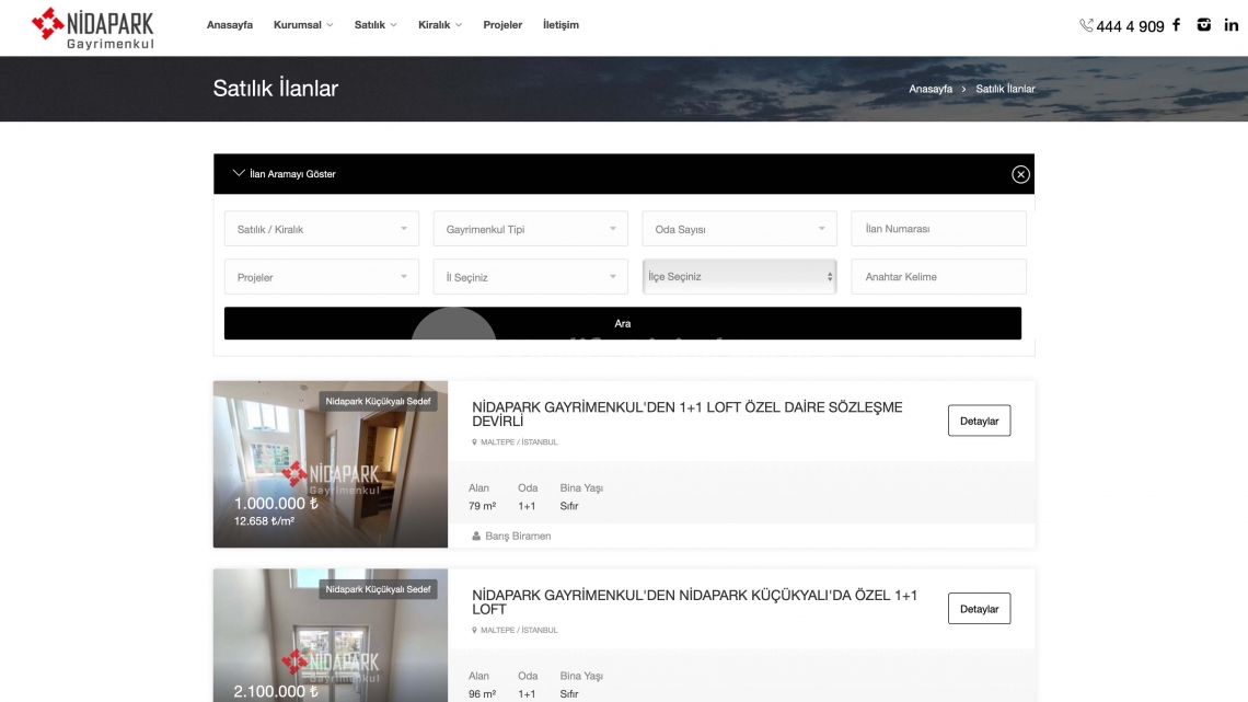 Tahincioğlu Nidapark Gayrimenkul Özel Yazılım ve Tasarım Gayrimenkul Danışmanlık Web Sitesi